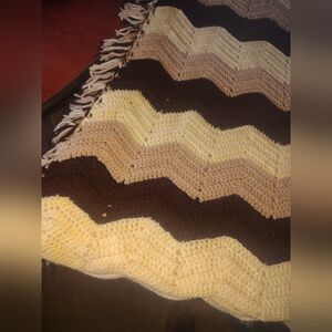 Handmade Chevron Crochet Throw Blanket - Cream, Brown, Tan 68"x48"